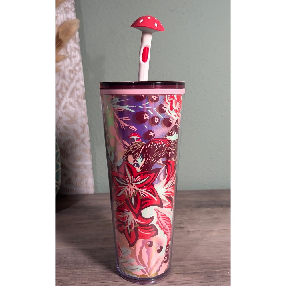 Starbucks Tumbler 24oz Pink Woodland Fox Mushroom Straw Topper Cold Cup